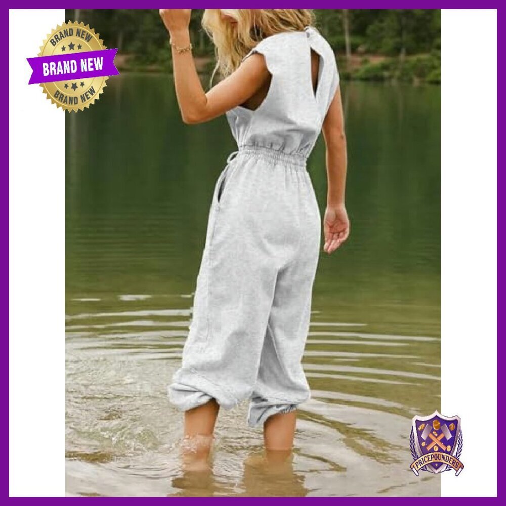 Women's Casual Jumpsuit Crewneck Cap Sleeve Wide Leg Drawstring Pockets - Picture 5 of 8